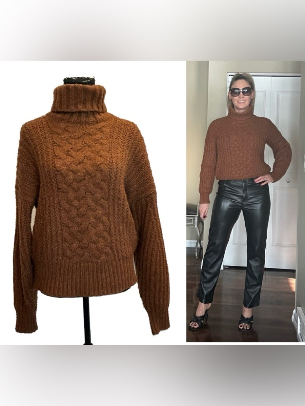 Twik Camel Brown Turtleneck Chunky Cable Knit Sweater Sz M